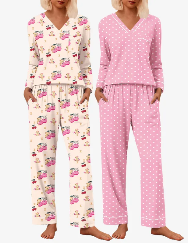 2 Pack Pajama Set Long Sleeve V Neck Pjs Sets sold by Ekouaer