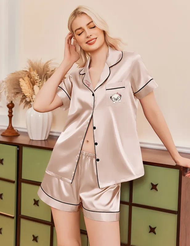 Teddy Comfy Button Down Satin Pjs Shorts Set sold by Ekouaer