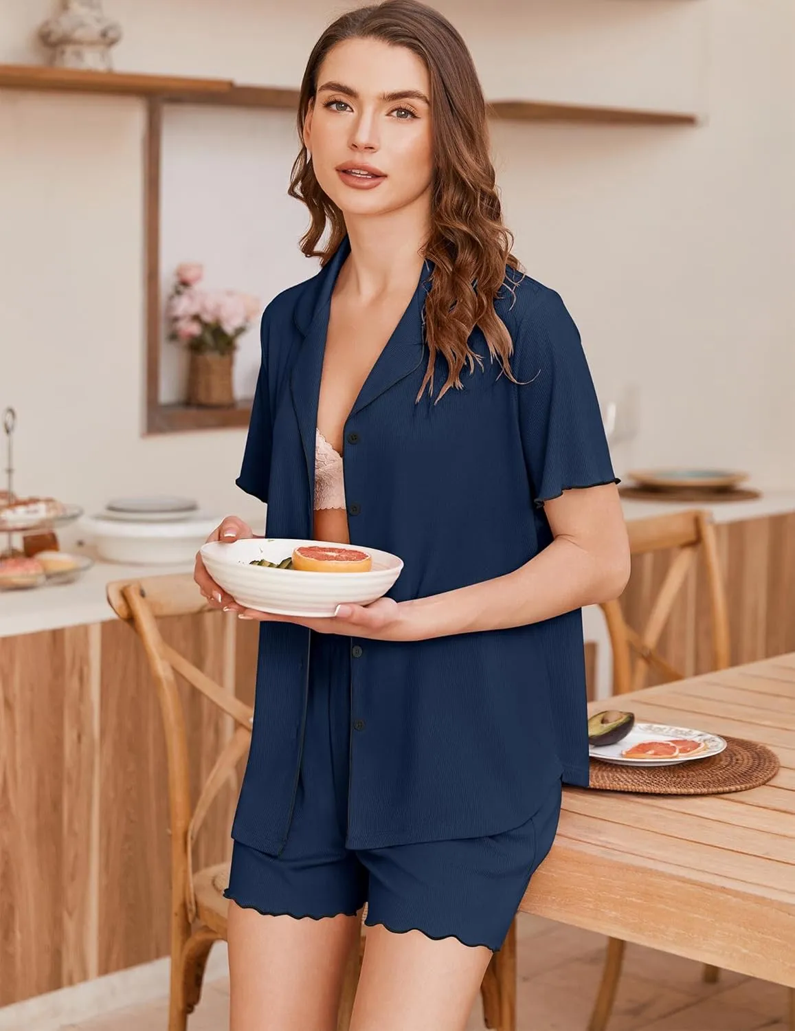 Teddy Short Sleeve Ribbed Knit 2 Piece Pjs Shorts Set sold by Ekouaer product image thumbnail 5