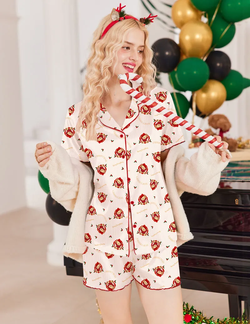 Teddy Short Sleeve Ribbed Knit 2 Piece Pjs Shorts Set sold by Ekouaer