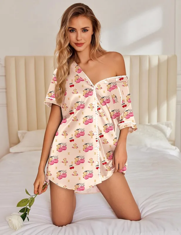 Teddy Satin Nightgowns Button Down Nightshirts sold by Ekouaer