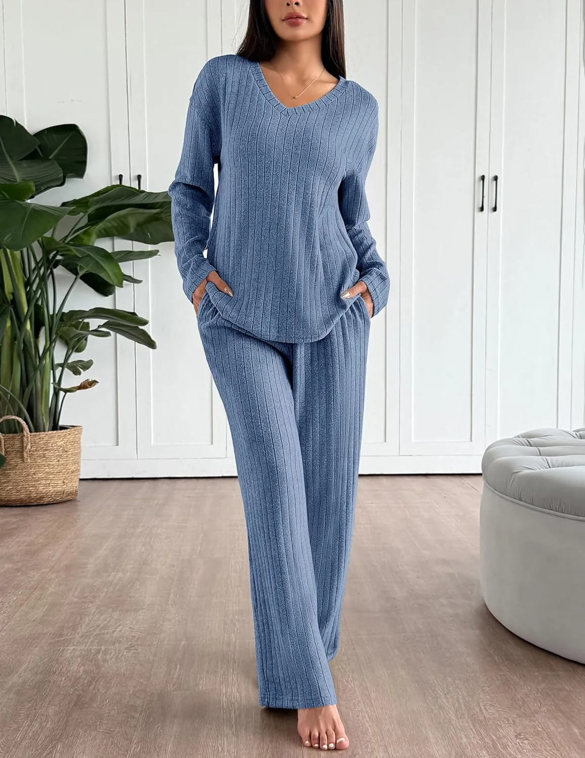 Ekouaer Lounge Sets Long Sleeve Knit Ribbed Pajama Sets sold by Ekouaer product image thumbnail 3