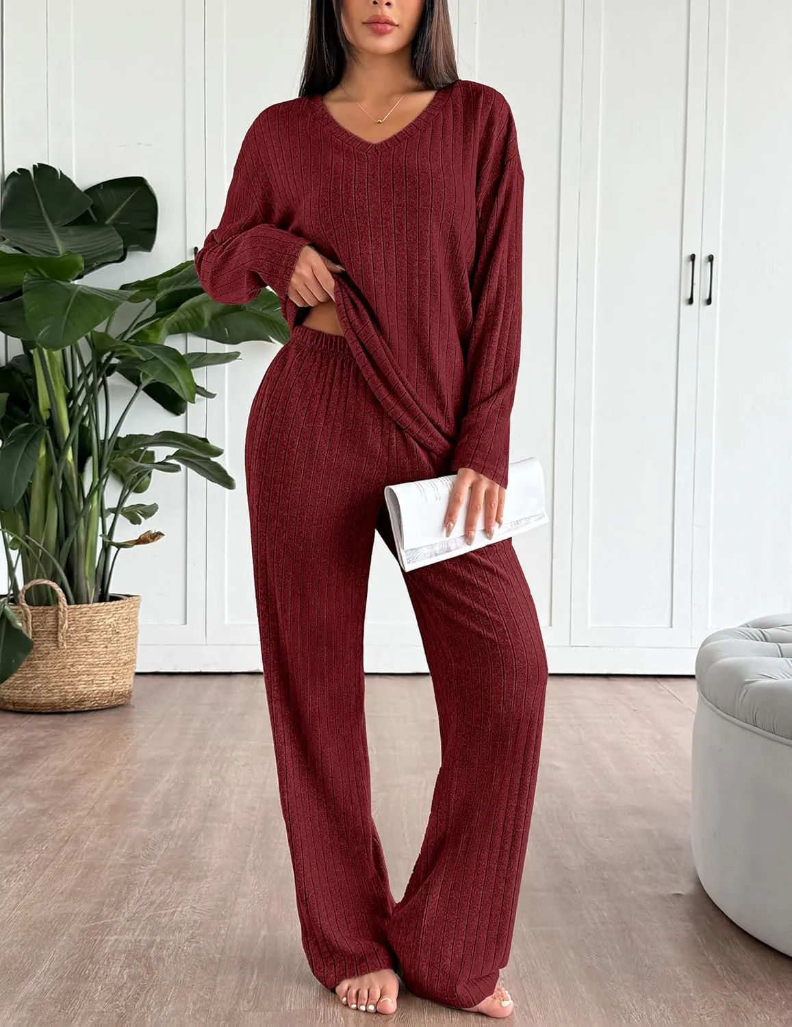 Ekouaer Lounge Sets Long Sleeve Knit Ribbed Pajama Sets sold by Ekouaer product image thumbnail 5
