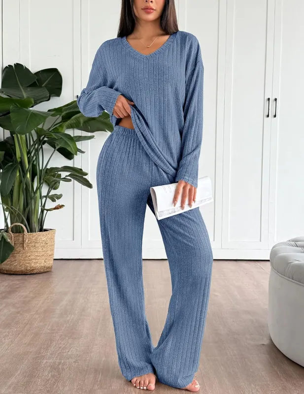 Ekouaer Lounge Sets Long Sleeve Knit Ribbed Pajama Sets sold by Ekouaer