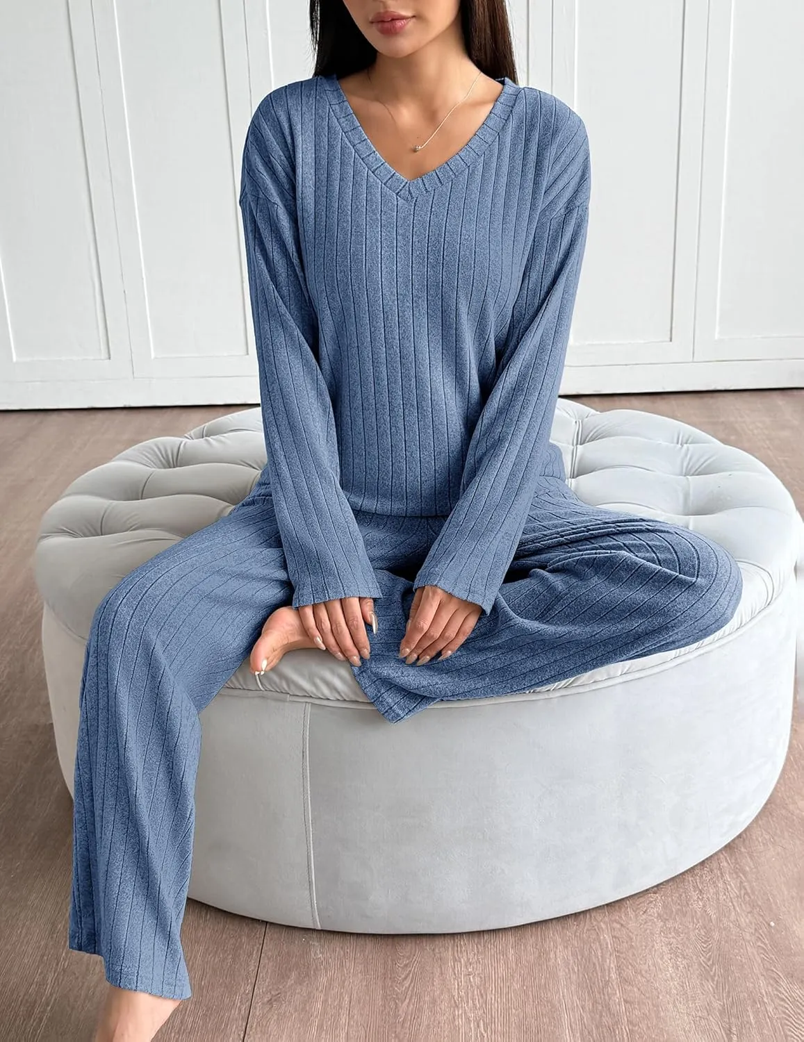 Ekouaer Lounge Sets Long Sleeve Knit Ribbed Pajama Sets sold by Ekouaer product image thumbnail 2