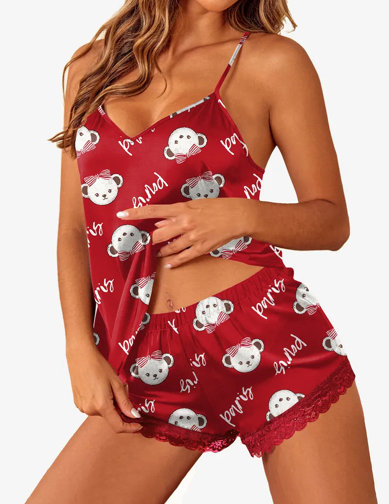 Satin Pajamas Lace Cami Shorts Set sold by Ekouaer product image thumbnail 4