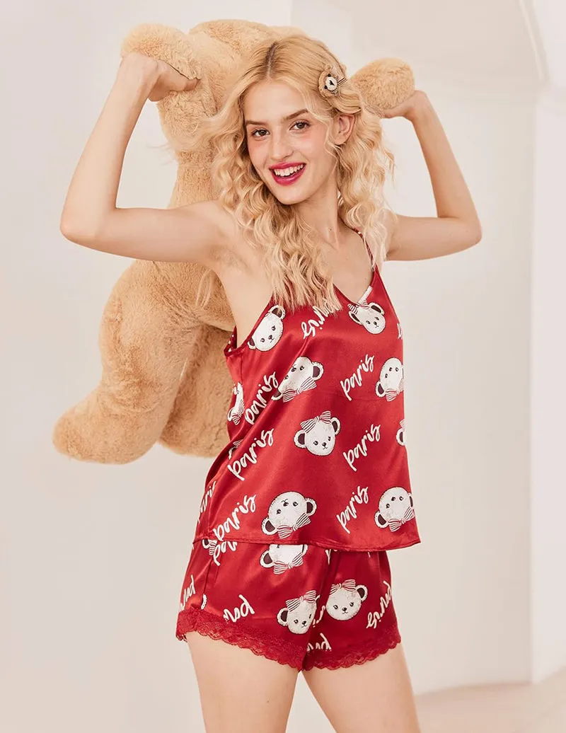 Satin Pajamas Lace Cami Shorts Set sold by Ekouaer product image thumbnail 2