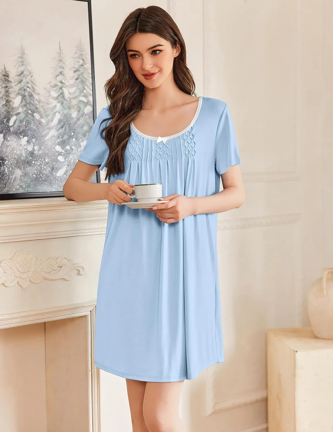 Pleated Sleep Shirts Short Sleeve Night Shirts Dress sold by Ekouaer product image thumbnail 3