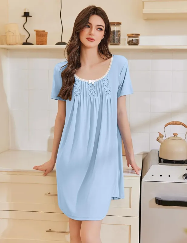 Pleated Sleep Shirts Short Sleeve Night Shirts Dress sold by Ekouaer