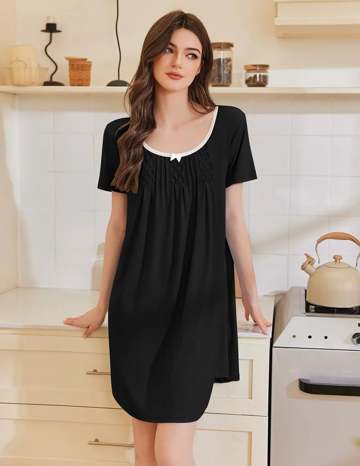Pleated Sleep Shirts Short Sleeve Night Shirts Dress sold by Ekouaer product image thumbnail 4