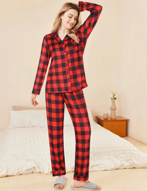 Plaid Pajamas Set 2 Piece Pjs Soft Top and Pants sold by Ekouaer