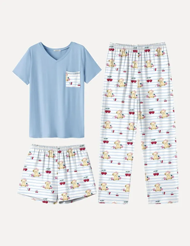 3 Piece Pajama Set Short Sleeve Pj Set Top and Shorts Pants made by Ekouaer