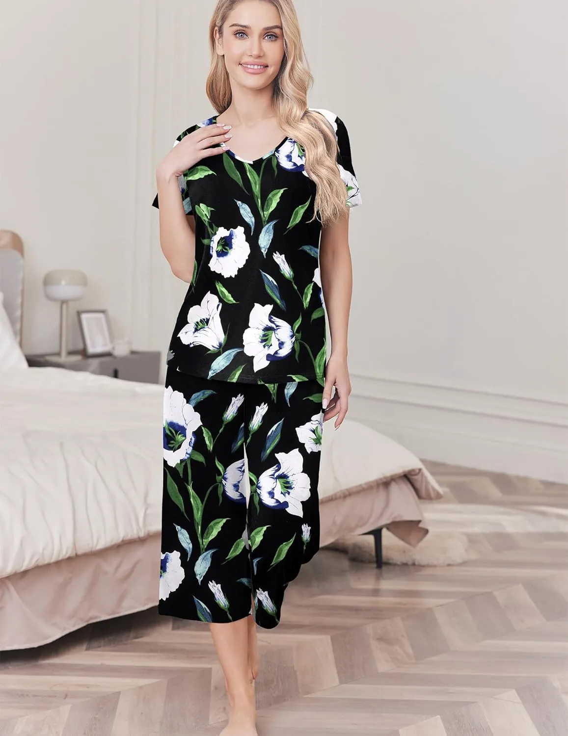 Pajama Sets Soft Cotton Pj Top with Capri Pants sold by Ekouaer product image thumbnail 3