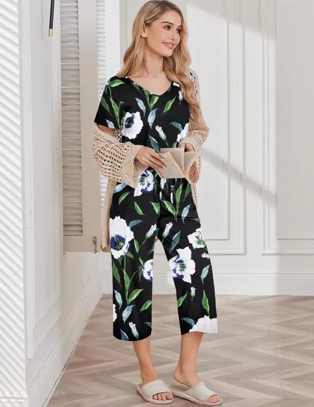 Pajama Sets Soft Cotton Pj Top with Capri Pants sold by Ekouaer