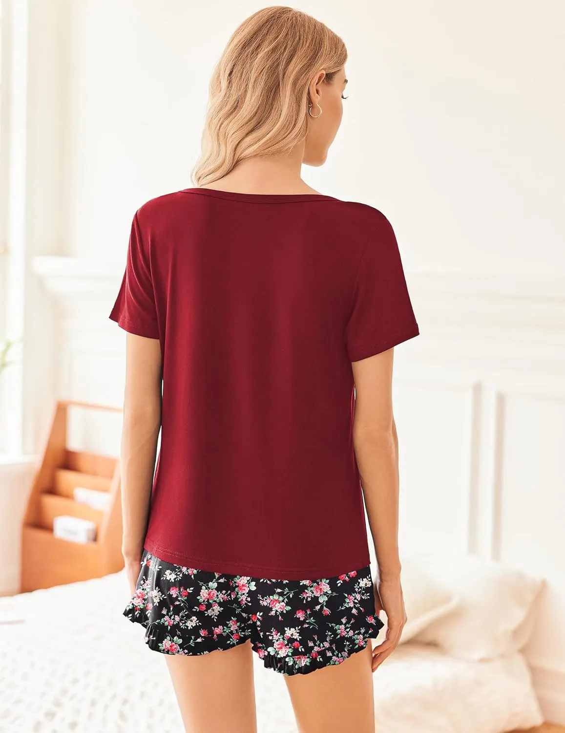 Lounge Set Crew Neck Tops and Ruffle Shorts Pj Sets sold by Ekouaer product image thumbnail 2