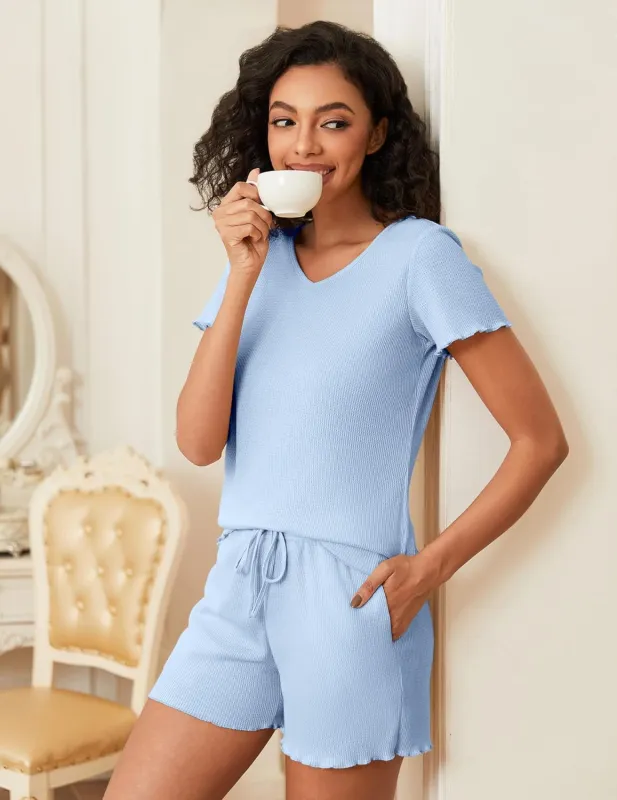 Waffle Knit Lounge Sets Ribbed 2 Piece Outfits sold by Ekouaer