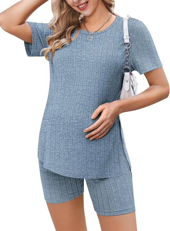 Ekouaer Maternity Sets 2 Piece Outfits Ribbed Knit Shirts and Shorts made by Ekouaer
