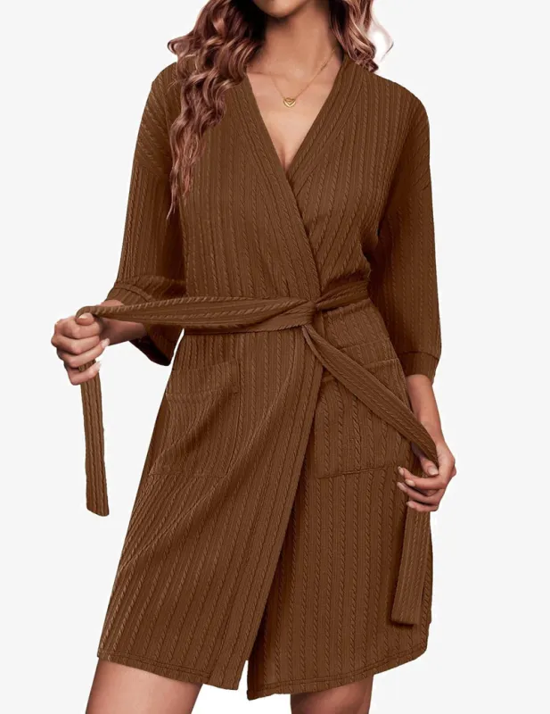 Ekouaer Waffle Robes Knee Length 3/4 Sleeve Knit Robes made by Ekouaer