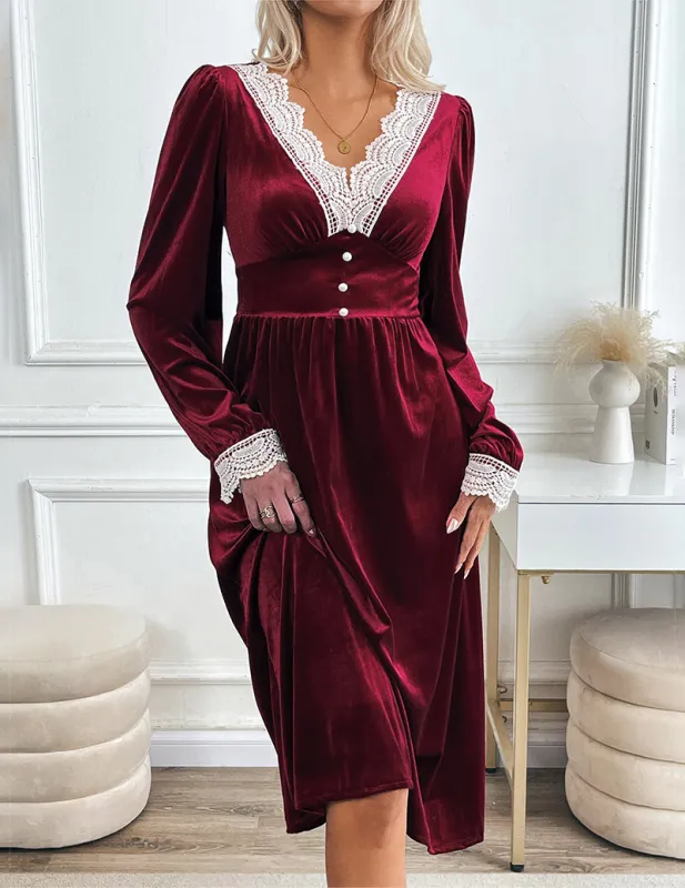 Velvet Lace Patchwork Color Long Sleeve Dress made by Ekouaer