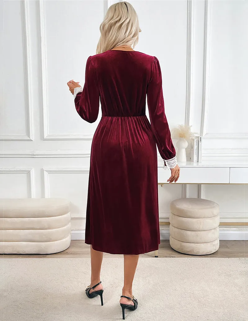 Velvet Lace Patchwork Color Long Sleeve Dress sold by Ekouaer product image thumbnail 3