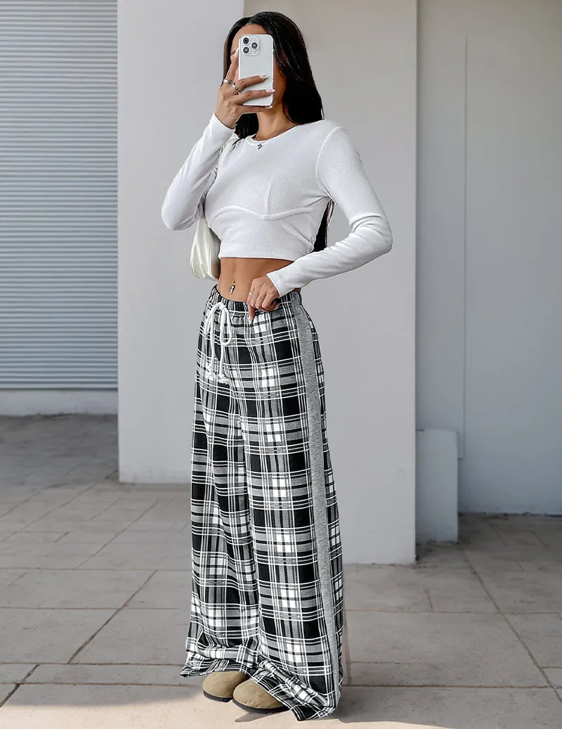 Checked Wide Leg High-Rise Trousers sold by Ekouaer product image thumbnail 4