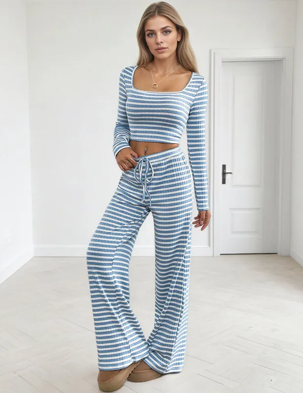 Striped Long Sleeve Top And Pants Lounge Knit Set sold by Ekouaer