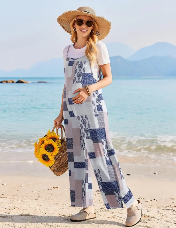 Ekouaer Sleeveless Boho Wide Leg Floral Rompers made by Ekouaer