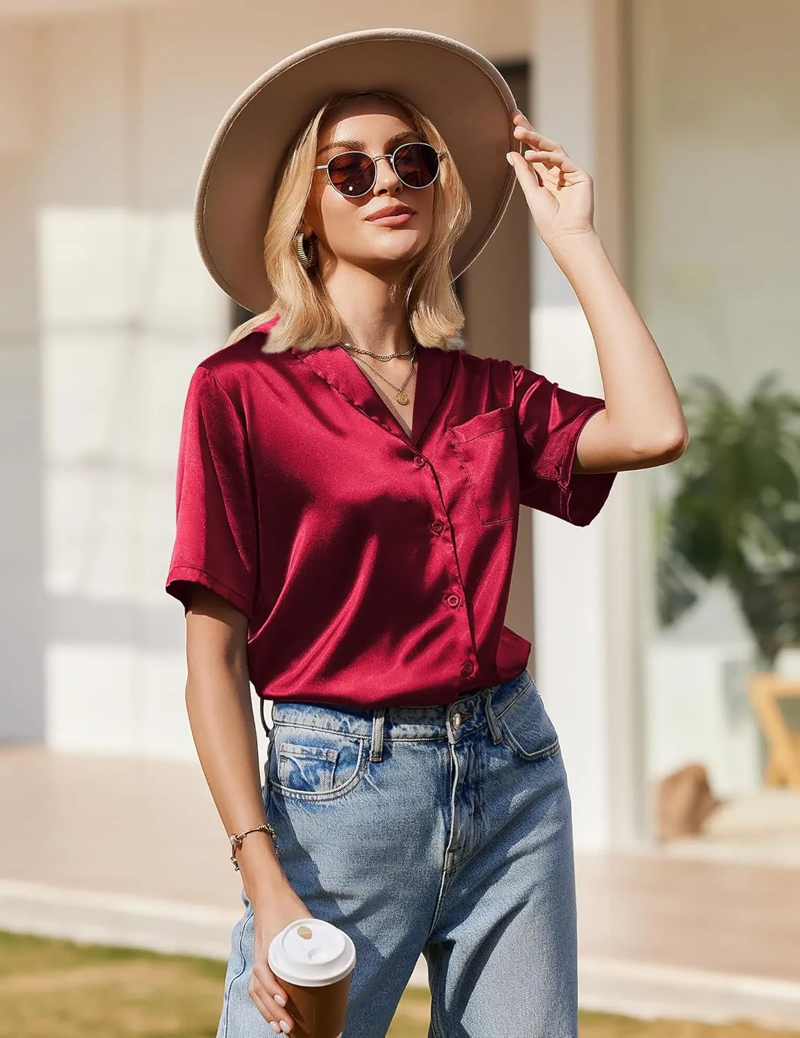 Ekouaer Womens Silk Pajama Sets Short Sleeve Button Down Shirt with Long Pants sold by Ekouaer product image thumbnail 3