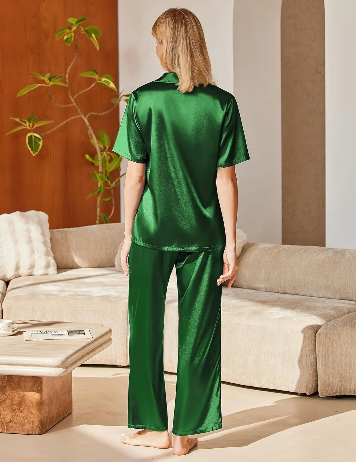 Ekouaer Womens Silk Pajama Sets Short Sleeve Button Down Shirt with Long Pants sold by Ekouaer product image thumbnail 5