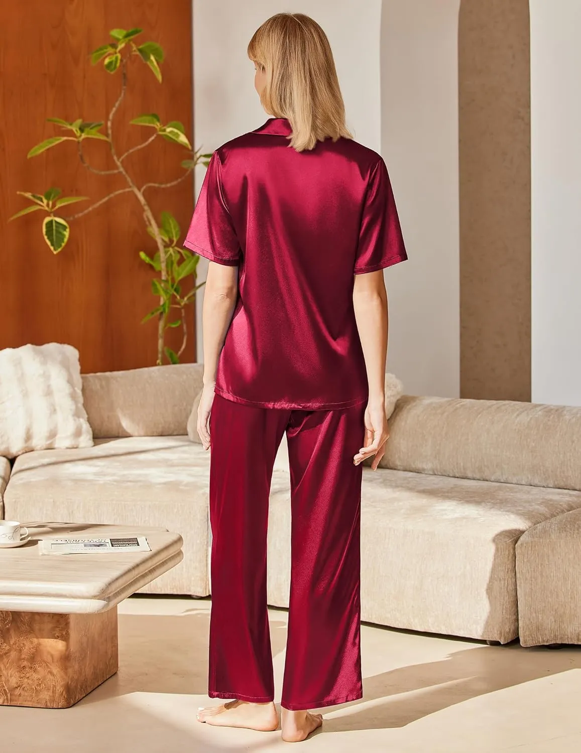 Ekouaer Womens Silk Pajama Sets Short Sleeve Button Down Shirt with Long Pants sold by Ekouaer product image thumbnail 2