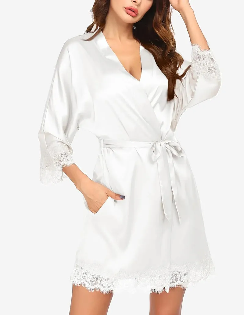 Ekouaer Women's Silk Robe Short Lace Trim Satin Kimono 3/4 Sleeve Sleepwear sold by Ekouaer product image thumbnail 3