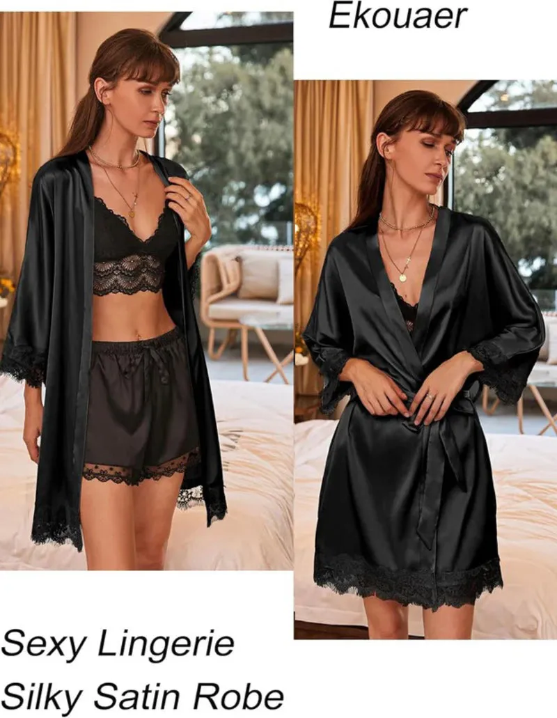 Ekouaer Women's Silk Robe Short Lace Trim Satin Kimono 3/4 Sleeve Sleepwear sold by Ekouaer product image thumbnail 2