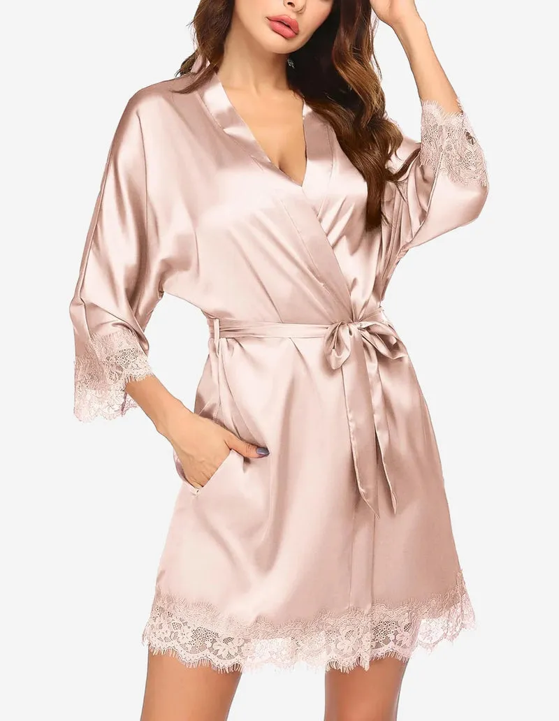 Ekouaer Women's Silk Robe Short Lace Trim Satin Kimono 3/4 Sleeve Sleepwear sold by Ekouaer product image thumbnail 5