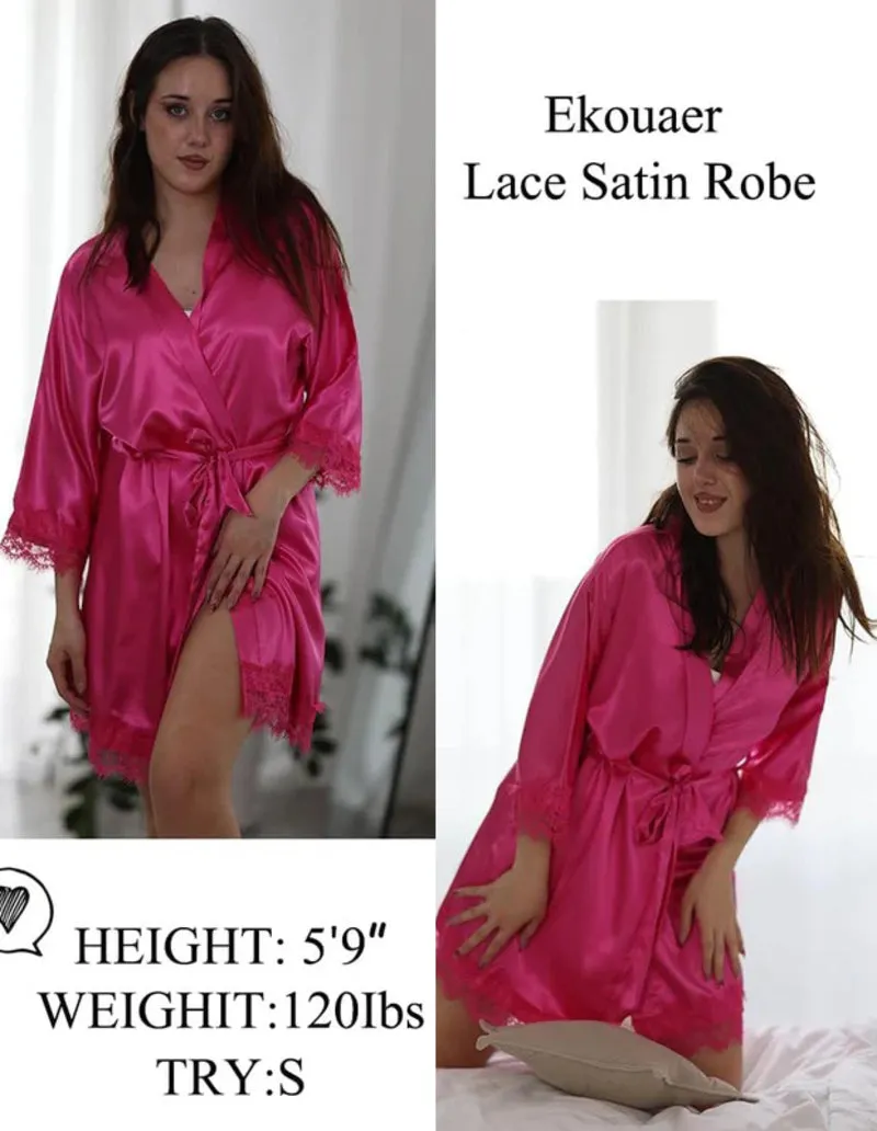 Ekouaer Women's Silk Robe Short Lace Trim Satin Kimono 3/4 Sleeve Sleepwear sold by Ekouaer product image thumbnail 4
