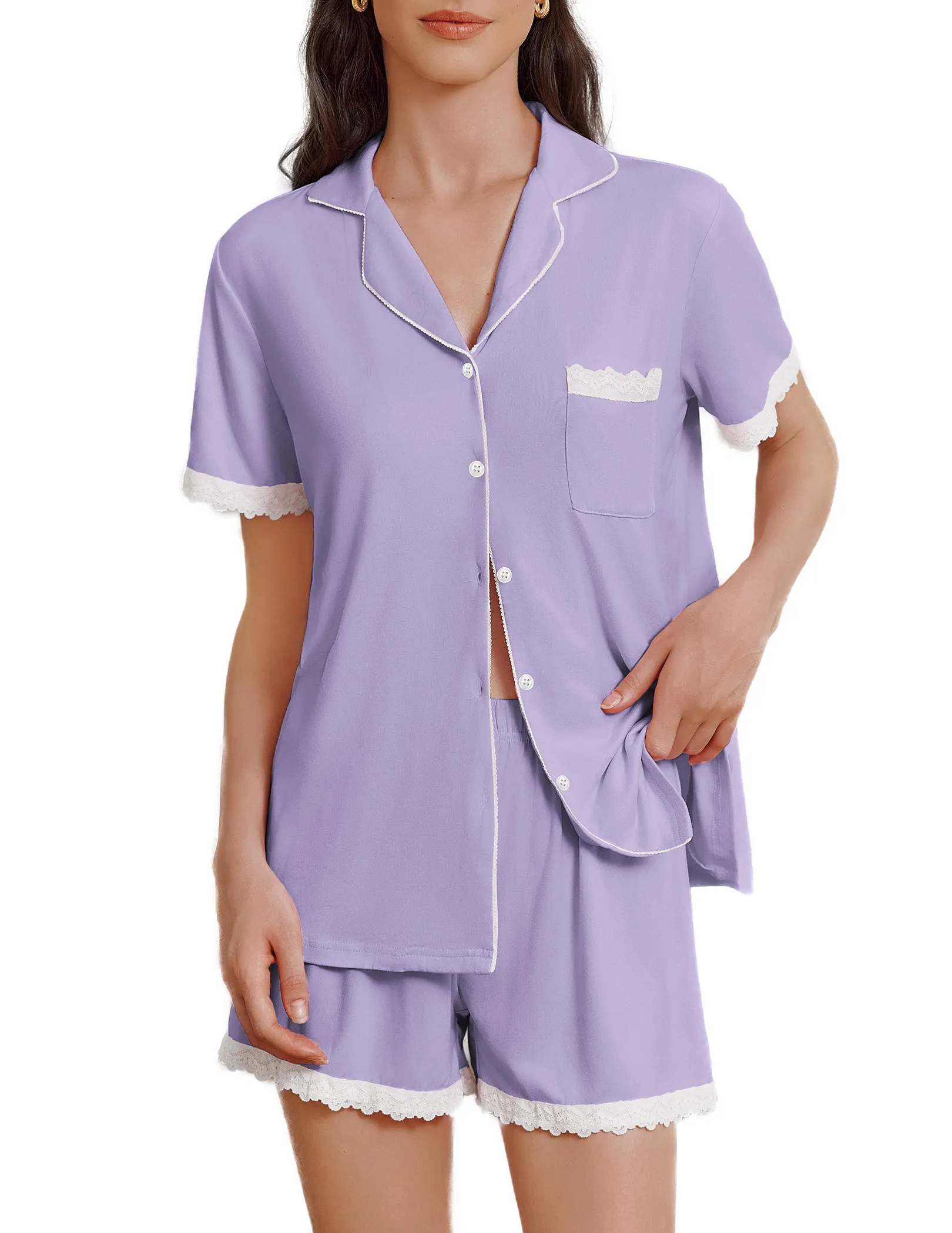 (EU Only)Lace Trim Pajamas Shorts Set sold by Ekouaer product image thumbnail 4