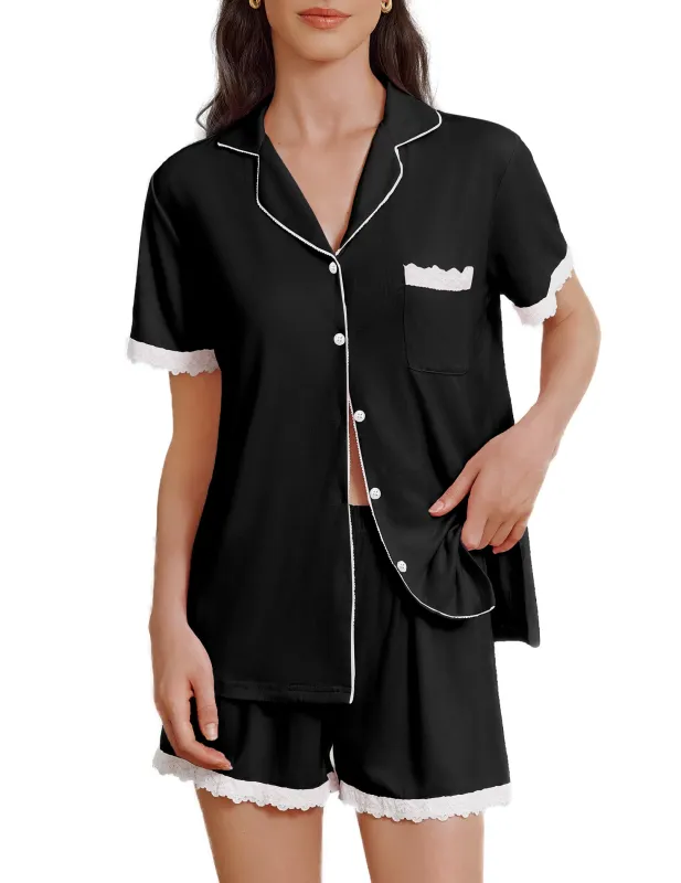 (EU Only)Lace Trim Pajamas Shorts Set sold by Ekouaer