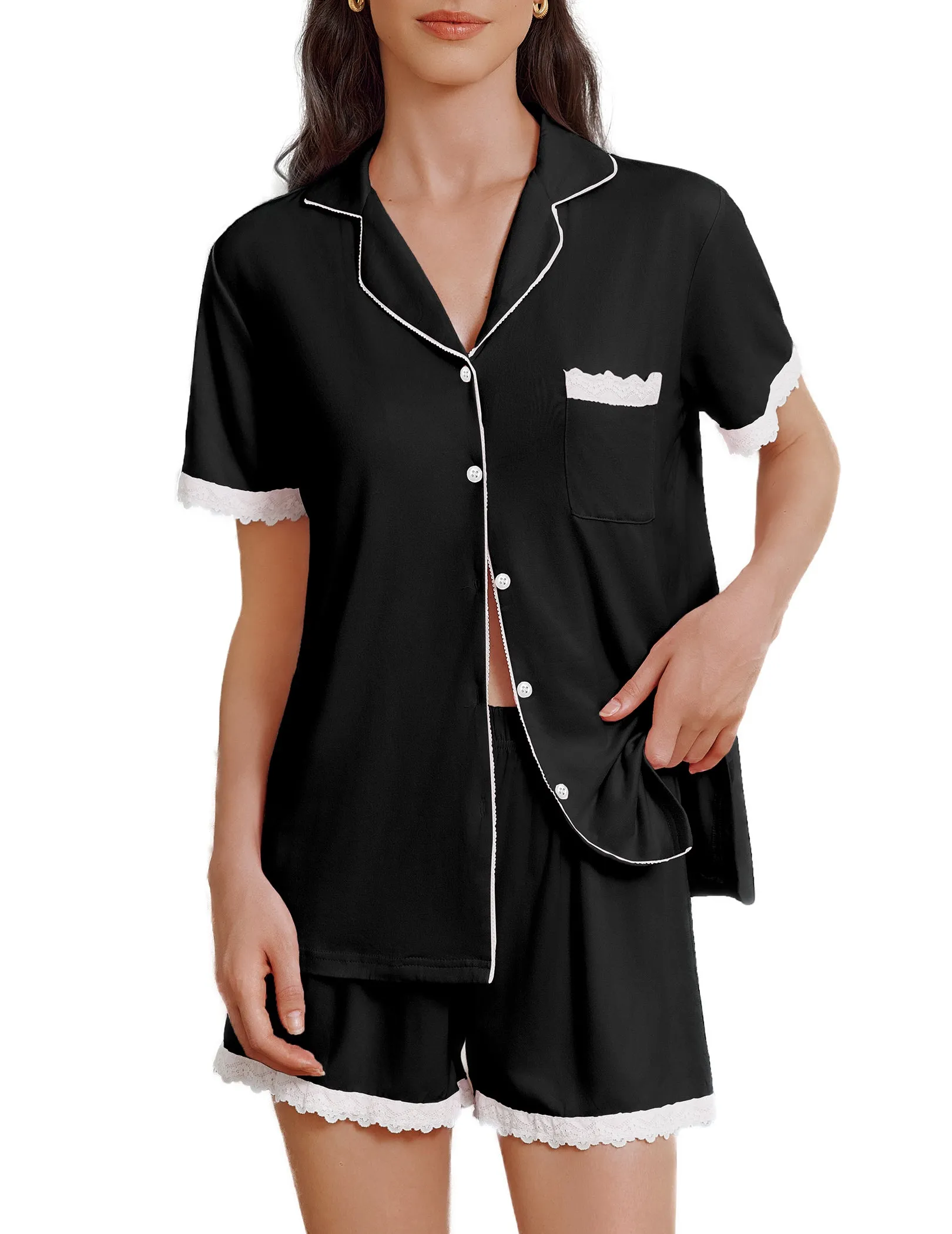 (EU Only)Lace Trim Pajamas Shorts Set sold by Ekouaer
