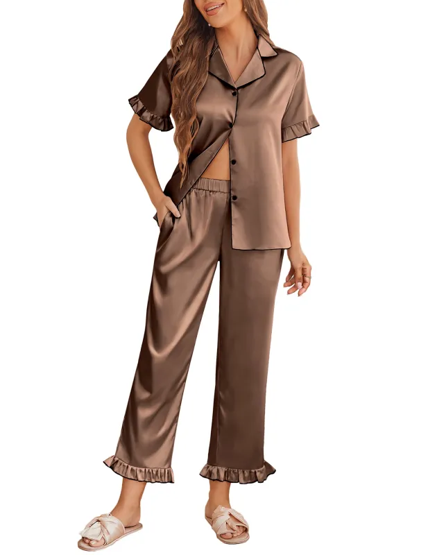 Satin Ruffle Short Sleeve Pajama Sets (US Only) sold by Ekouaer