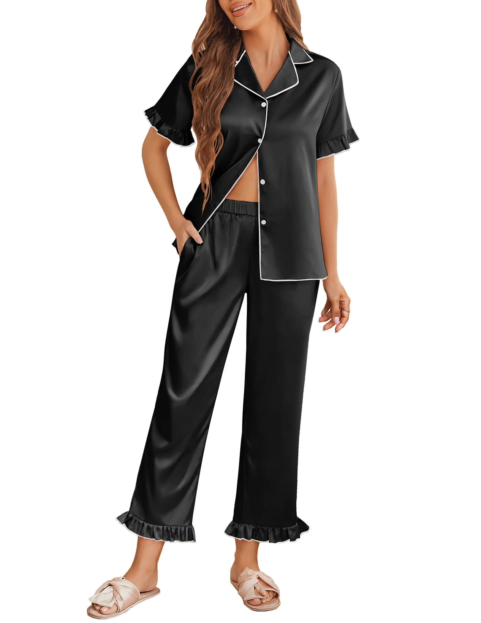 Satin Ruffle Short Sleeve Pajama Sets (US Only) sold by Ekouaer product image thumbnail 5