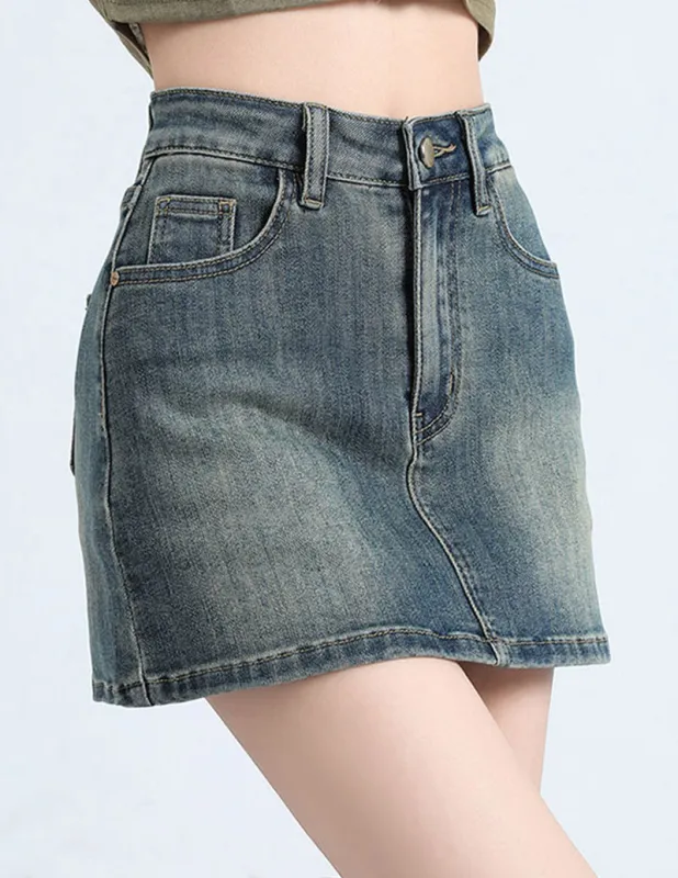 Casual High Waist Denim Short Skirt made by Ekouaer