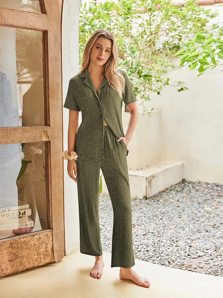 Casual Stretch Rib Knit Pajama Set (US Only) sold by Ekouaer product image thumbnail 5