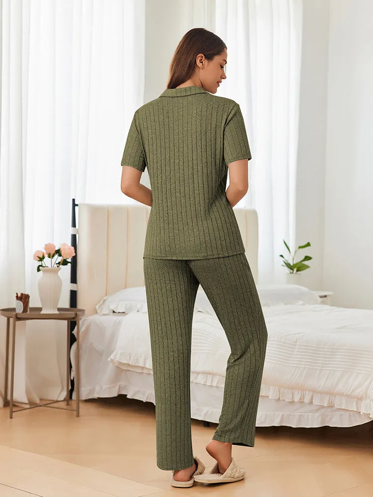 Casual Stretch Rib Knit Pajama Set (US Only) sold by Ekouaer product image thumbnail 4