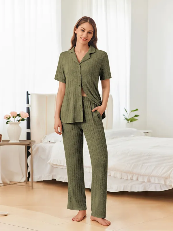 Casual Stretch Rib Knit Pajama Set (US Only) sold by Ekouaer