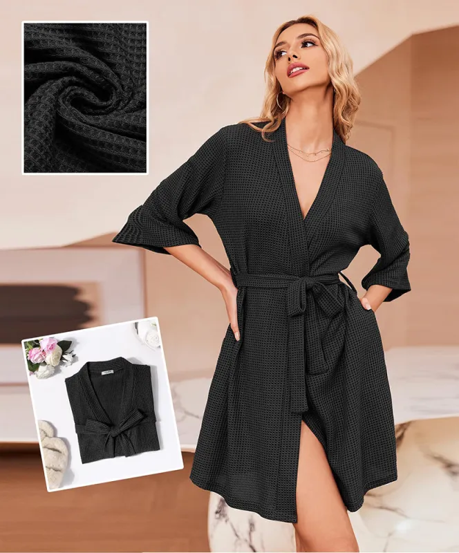 (EU Only)Soft Waffle Knit Dressing Gown Robe made by Ekouaer