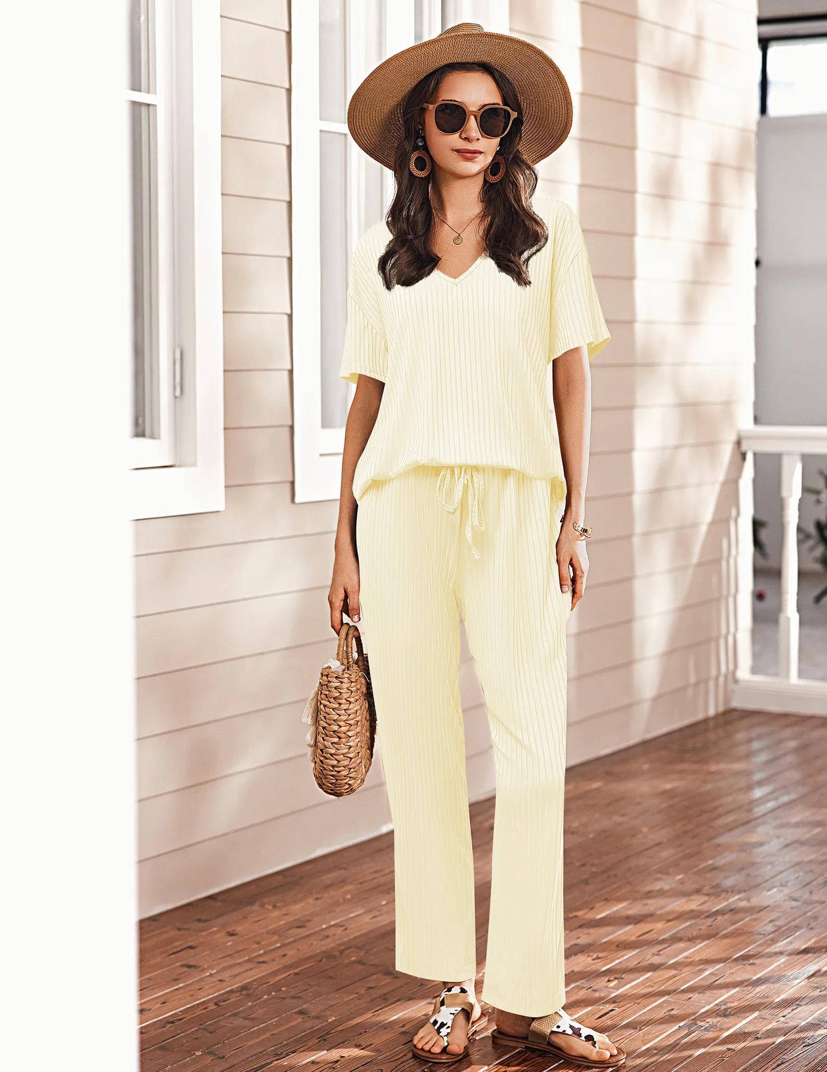 Breathable Ribbed Knit Pajama Set (US Only) sold by Ekouaer product image thumbnail 3