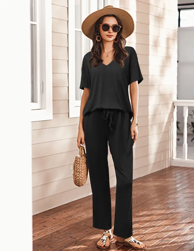 Breathable Ribbed Knit Pajama Set (US Only) sold by Ekouaer