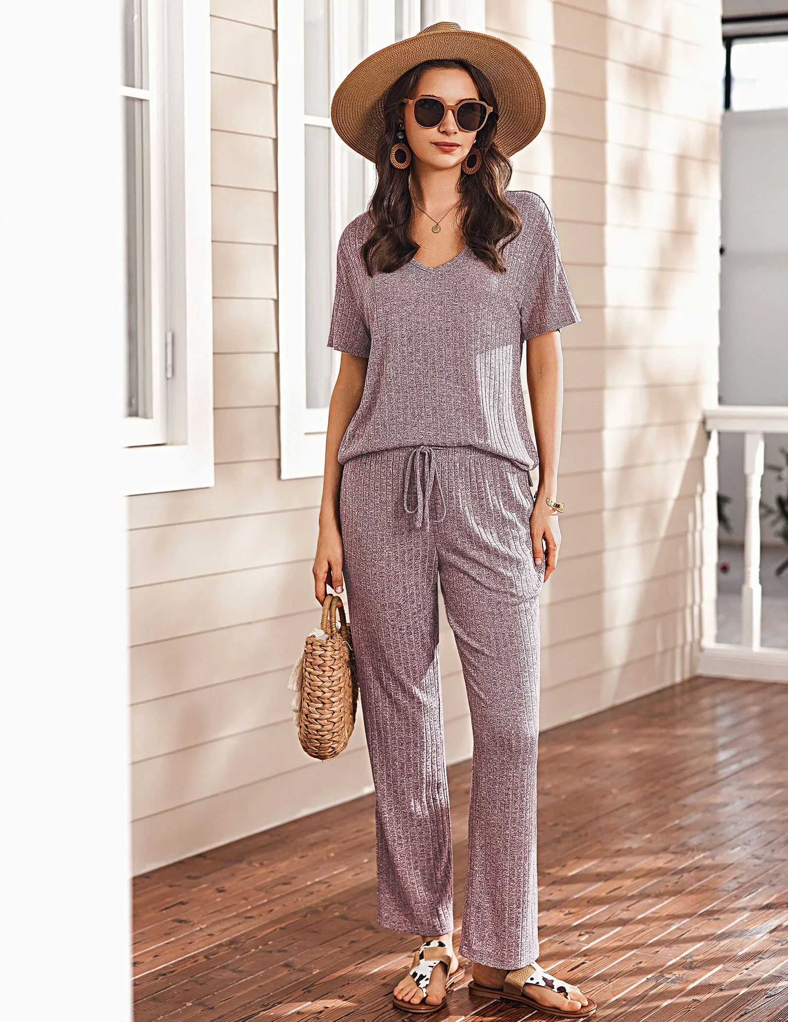 Breathable Ribbed Knit Pajama Set (US Only) sold by Ekouaer product image thumbnail 5