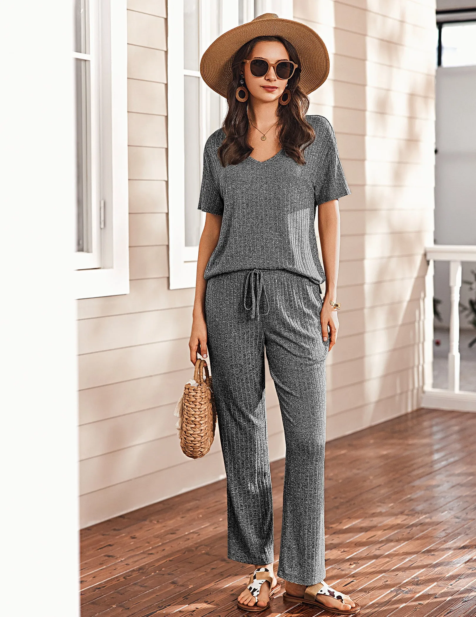 Breathable Ribbed Knit Pajama Set (US Only) sold by Ekouaer product image thumbnail 4