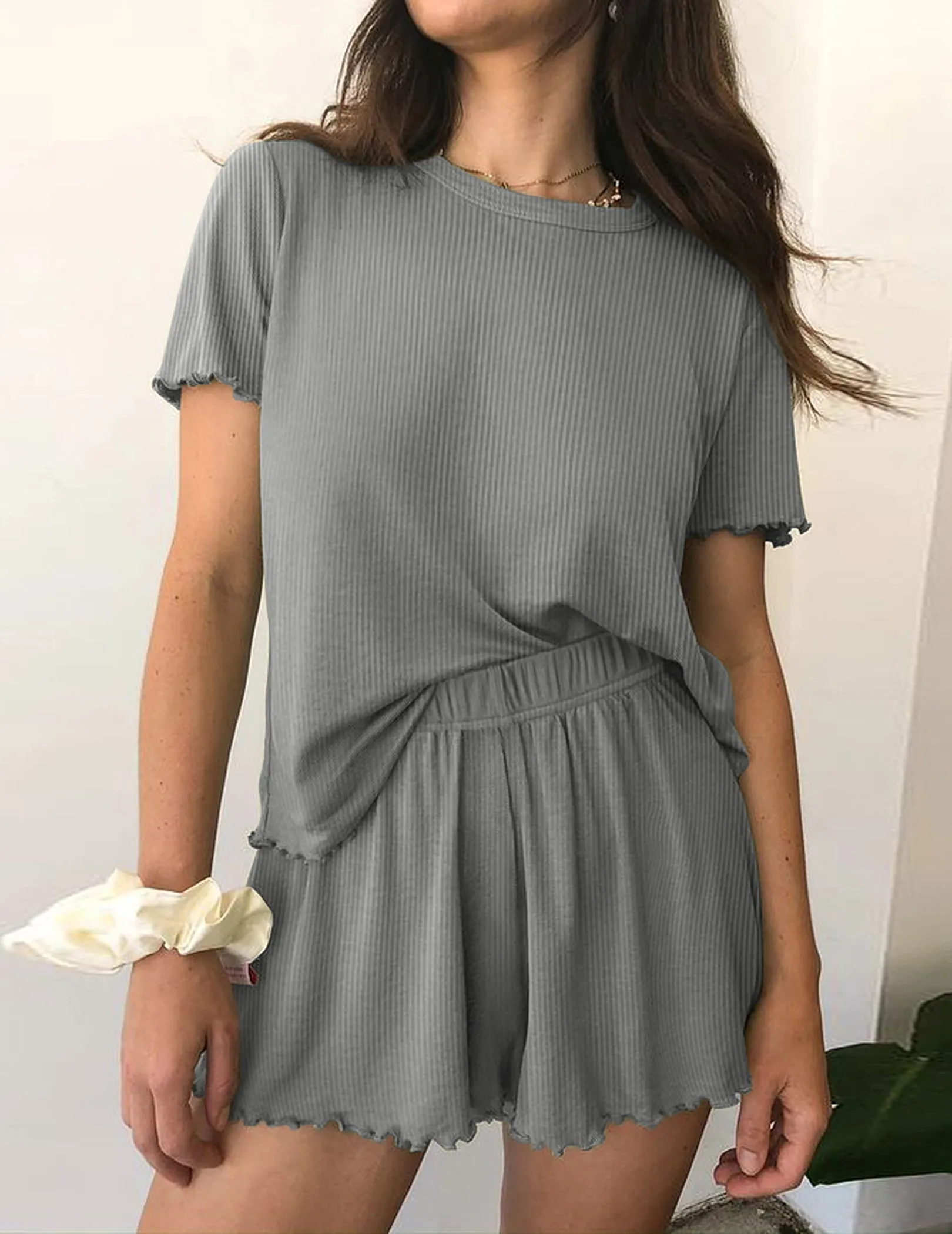 Casual 2-Piece Ribbed Knit Pajamas Set (US Only) sold by Ekouaer product image thumbnail 3