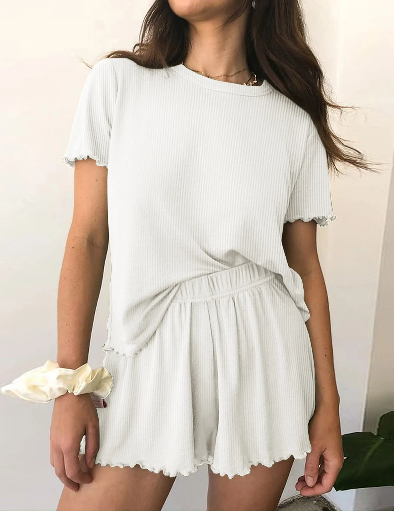 Casual 2-Piece Ribbed Knit Pajamas Set (US Only) sold by Ekouaer product image thumbnail 5